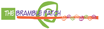 The Bramble Patch logo. A green circling line in the background and an orange horizontal line